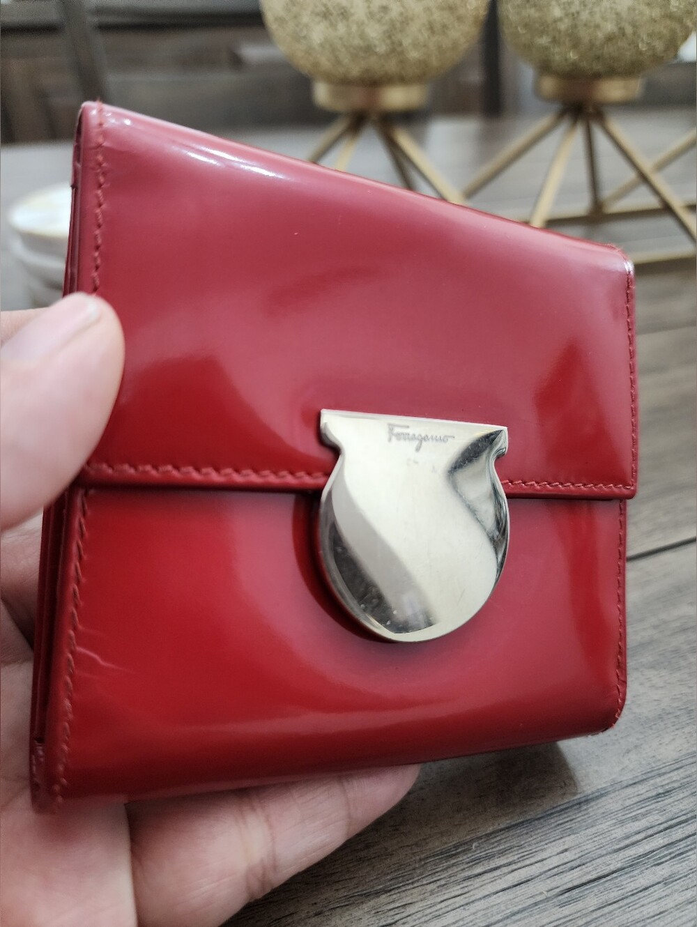 Salvatore Ferragamo Red Patent Leather Compact Tri-fold Wallet W/ Silver Gancini